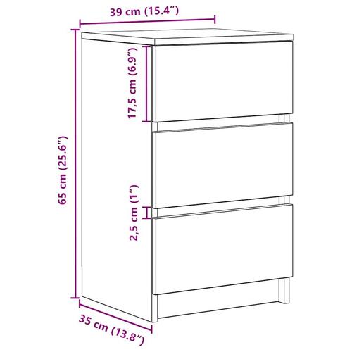 Sengebord med 3 skuffer 39x35x65 cm sonoma-eg