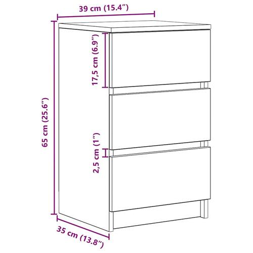 Sengebord med 3 skuffer 39x35x65 cm hvid