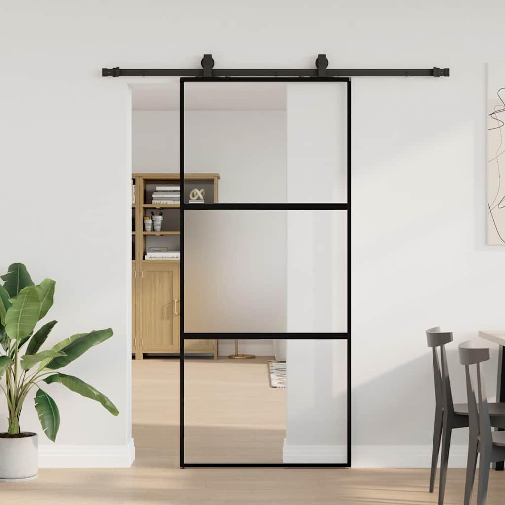 Skydedør med hardwaresæt 90x205 cm hærdet glas sort billede
