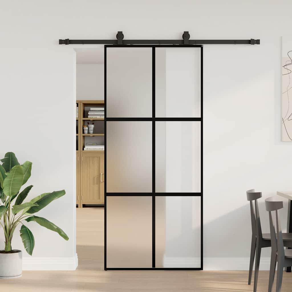 Skydedør med hardwaresæt 90x205 cm hærdet glas sort billede