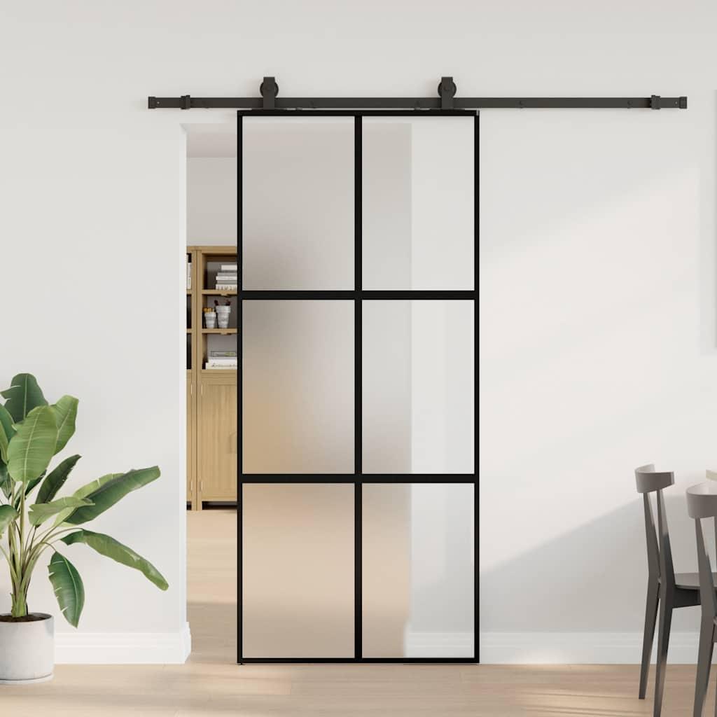 Skydedør med hardwaresæt 90x205 cm hærdet glas sort billede