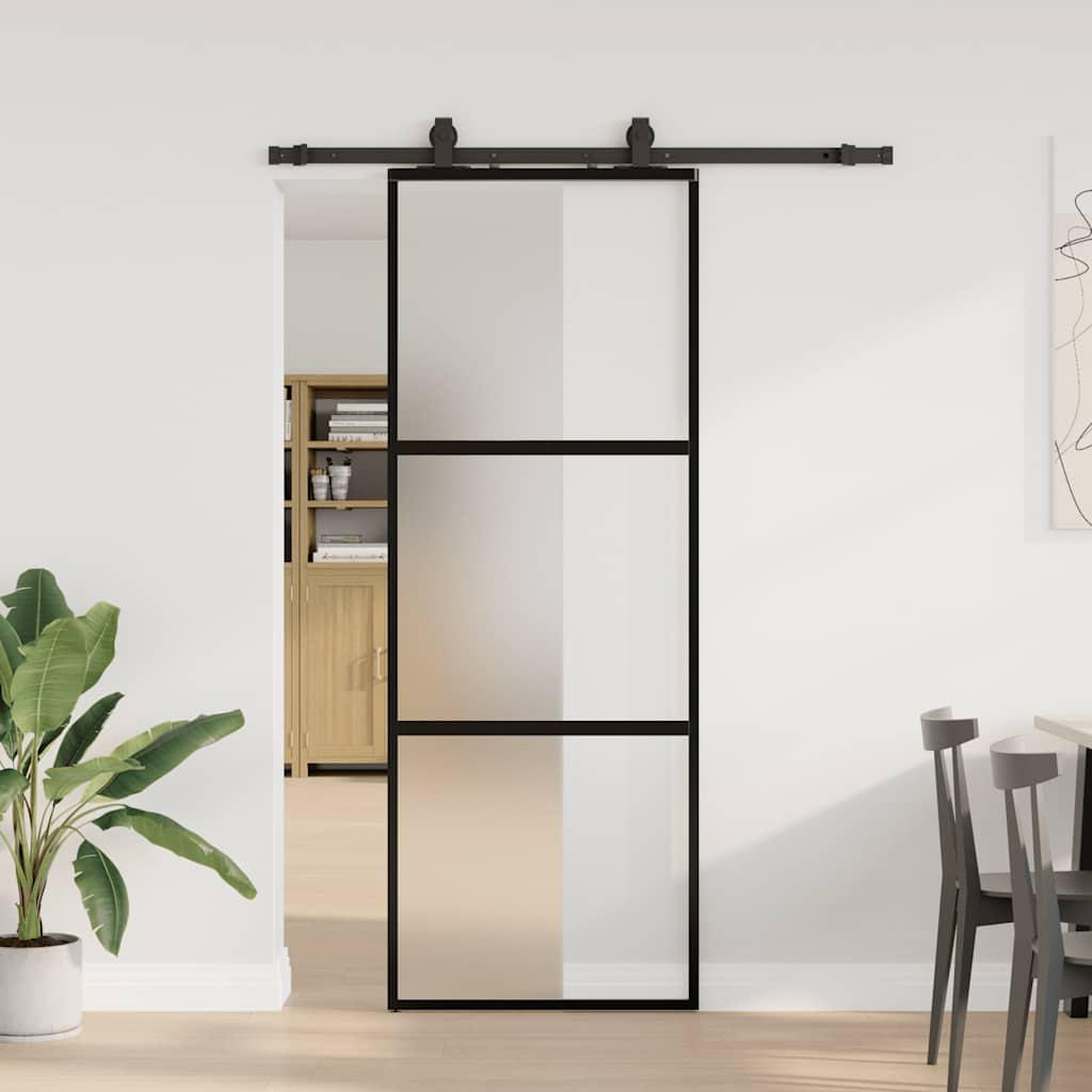 Skydedør i sort aluminium med mat hærdet glas 76 × 205 cm - inkl. hardwaresæt billede