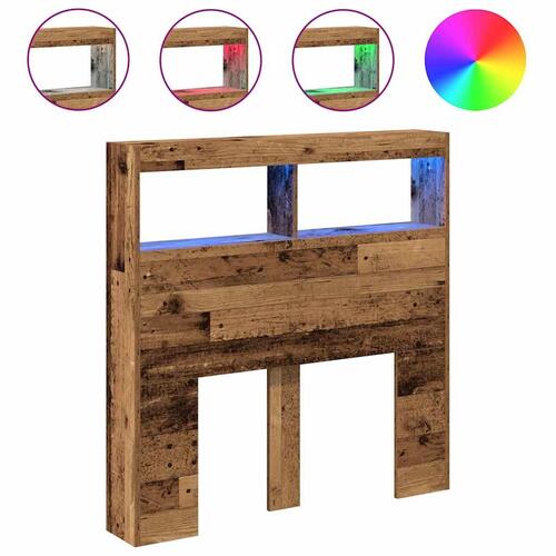 Sengegavl med opbevaring og LED-lys 100x17x102 cm antikt træ
