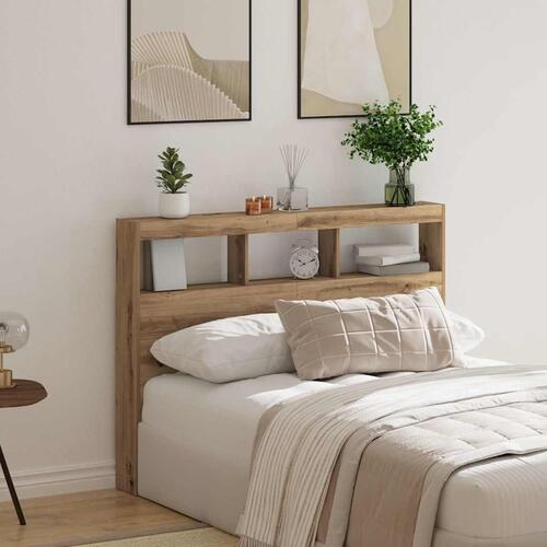 Sengegavl med opbevaring og LED-lys 140x17x102 cm kunsteg