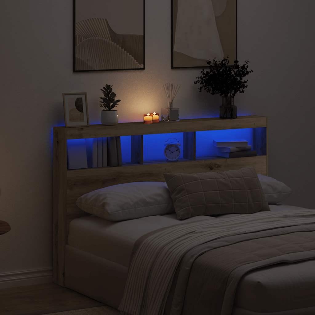 Sengegavl med opbevaring og LED-lys 160x17x102 cm kunsteg billede
