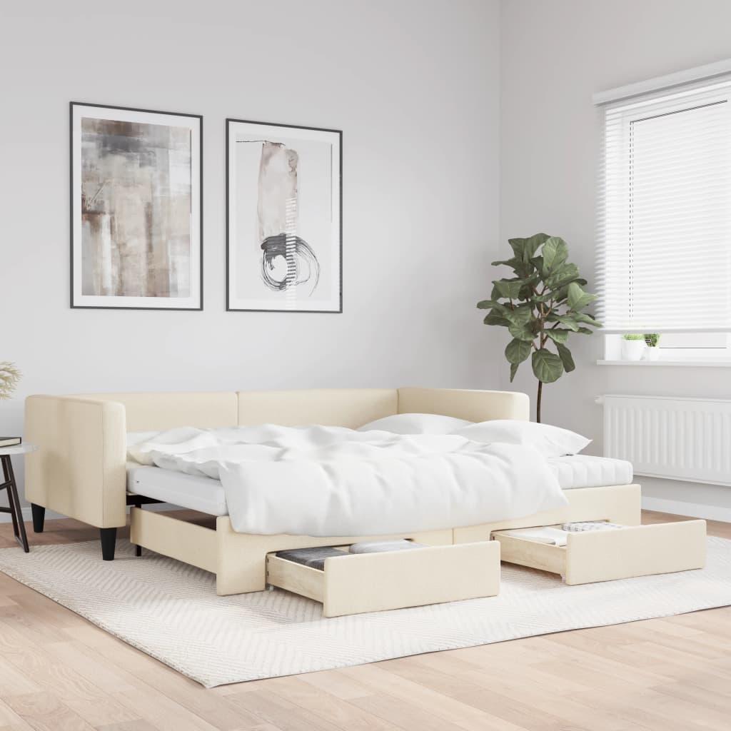 Daybed Stof Farvet Creme - med udtræk og skuffe og madras / 100 x 200 cm