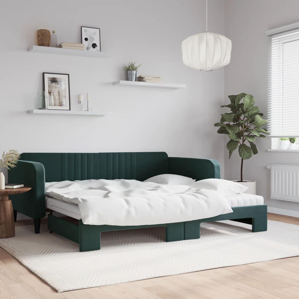 Daybed Velour Mørkegrøn - med udtræk og madras / 100 x 200 cm