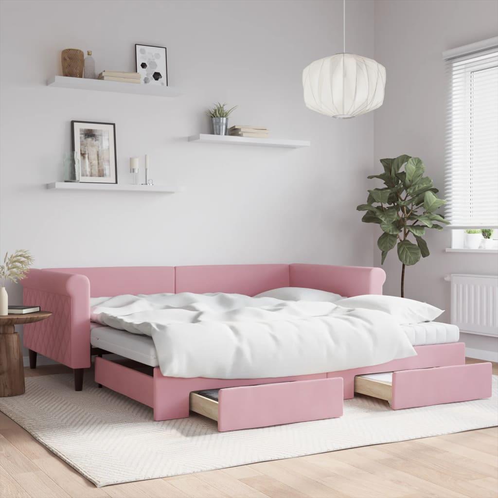 Daybed Velour Pink Lyserød - med udtræk og skuffe og madras / 100 x 200 cm