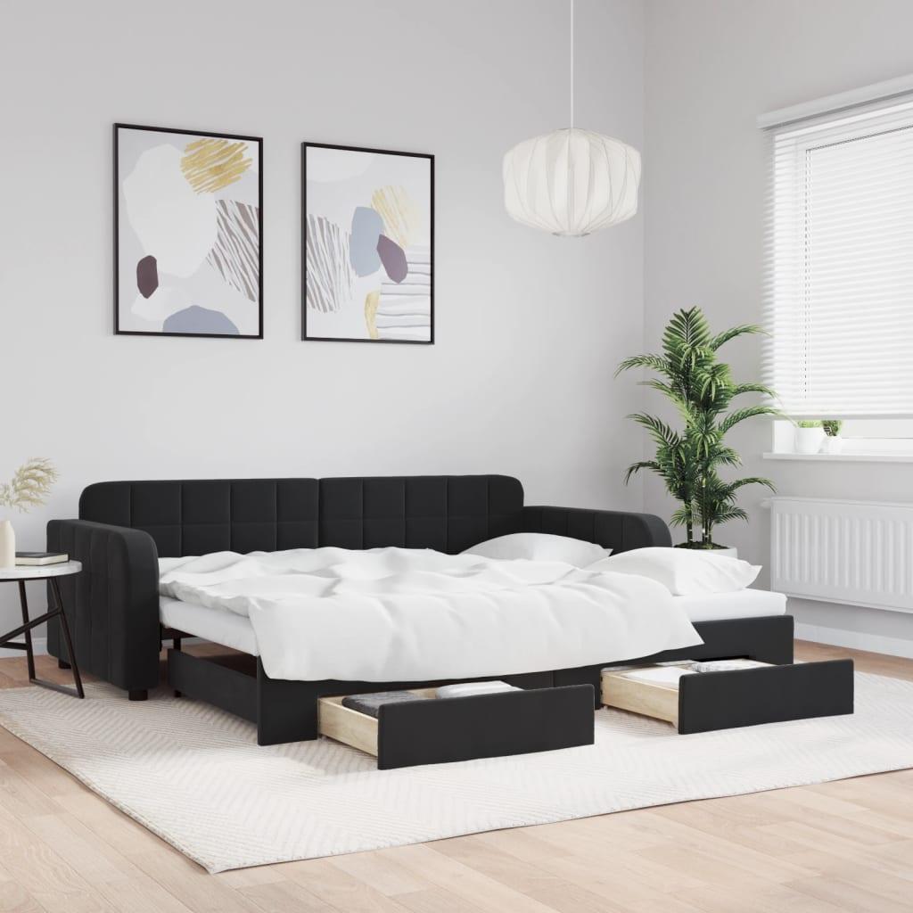 Daybed Velour Sort - med udtræk og skuffe / 90 x 190 cm