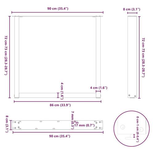 Spisebordsben U-formet 2 stk. naturstål 90x(72-73) cm stål