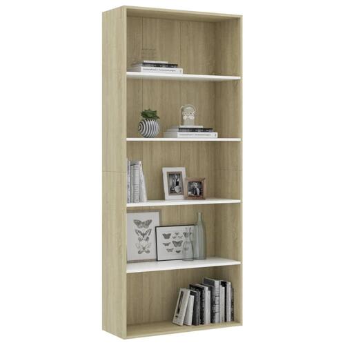 Bogreol med 5 hylder 80x30x189 cm konstrueret træ hvid og eg