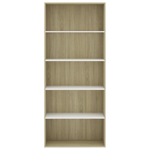 Bogreol med 5 hylder 80x30x189 cm konstrueret træ hvid og eg