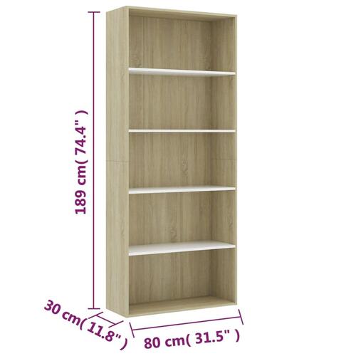 Bogreol med 5 hylder 80x30x189 cm konstrueret træ hvid og eg