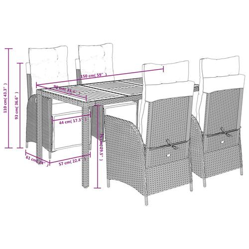 Spisebordssæt til haven 5 dele med hynder polyrattan sort