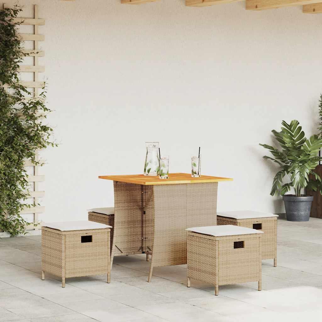 Spisebordssæt til haven 5 dele med hynder polyrattan beige