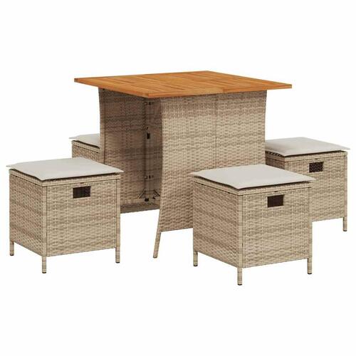 Spisebordssæt til haven 5 dele med hynder polyrattan beige