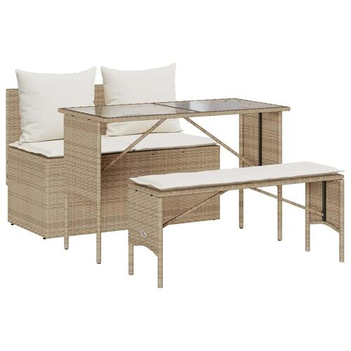 Spisebordssæt til haven 3 dele med hynder polyrattan beige