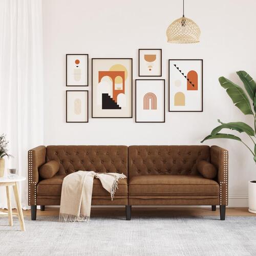 3-personers Chesterfield-sofa med puder imiteret ruskind brun