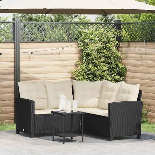 Havesofa med bord og hynder L-formet polyrattan sort