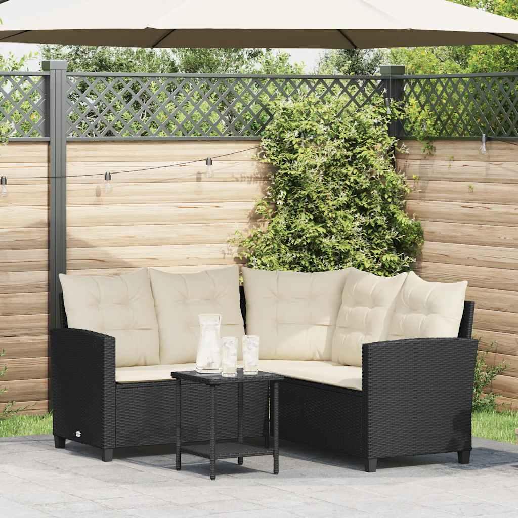 Havesofa med bord og hynder L-formet polyrattan sort