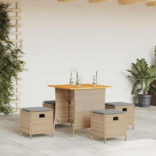 Spisebordssæt til haven 5 dele med hynder polyrattan beige