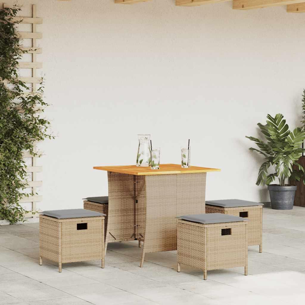Spisebordssæt til haven 5 dele med hynder polyrattan beige