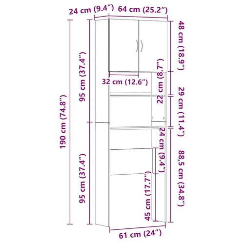 Vaskemaskineskab 64x24x190 cm konstrueret træ sort egetræsfarve
