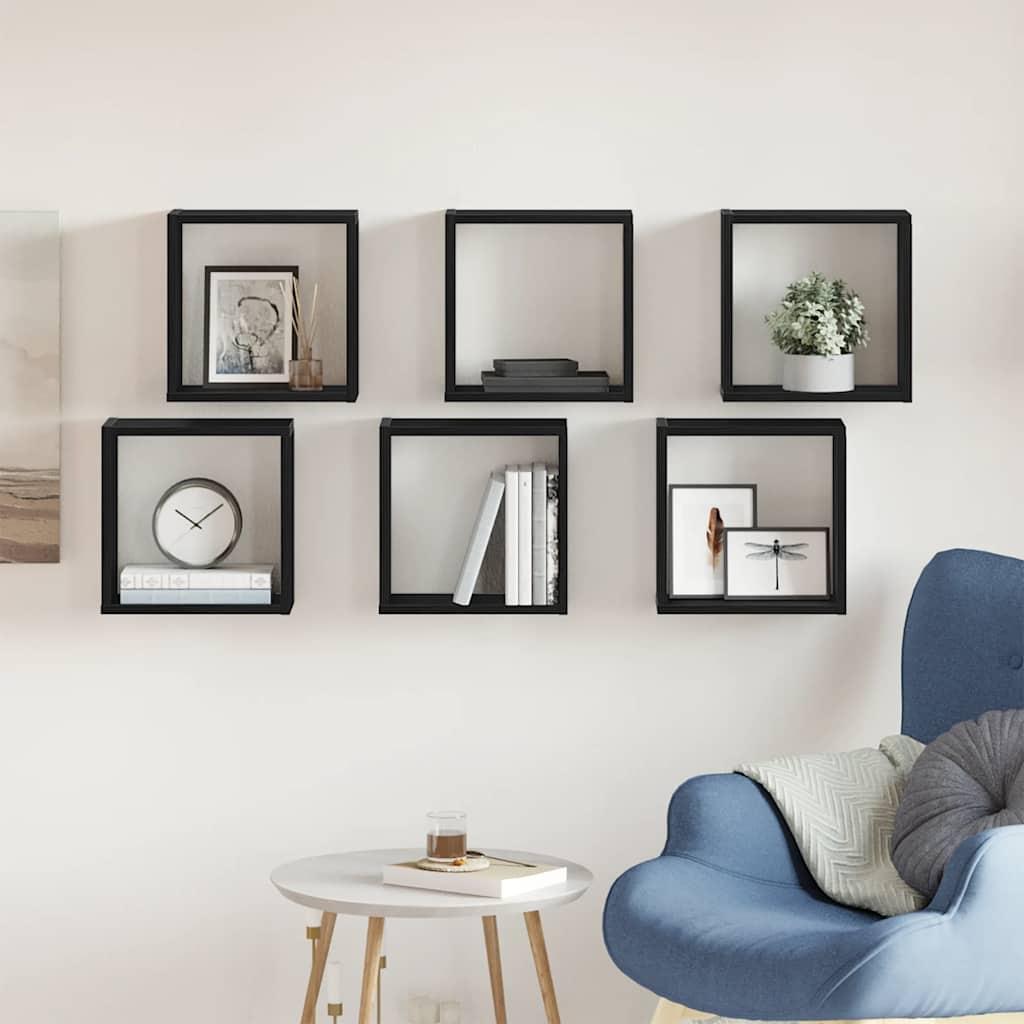 Væghylder 6 stk. 30x15x30 cm kubeformet konstrueret træ sort eg billede