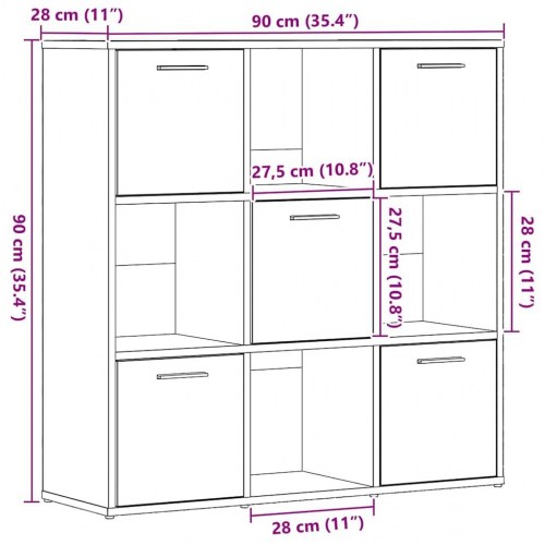 Bogreol med 9 rum og 5 låger - 90x28x90 cm, sort egetræsfarve