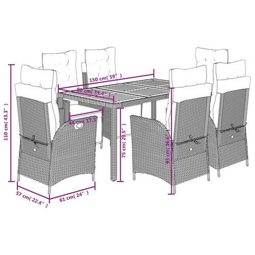 Spisebordssæt til haven 7 dele med hynder polyrattan sort