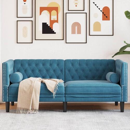 2-personers Chesterfield-sofa med bolsterpuder fløjl blå