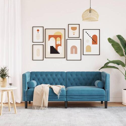 2-personers Chesterfield-sofa med bolsterpuder fløjl blå