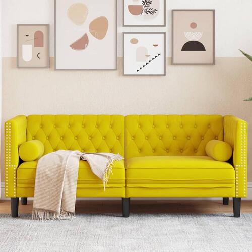 2-personers Chesterfield-sofa med bolsterpuder fløjl gul