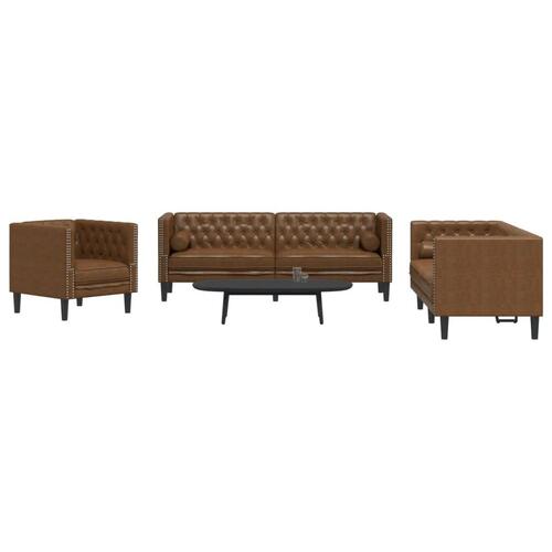 3-personers Chesterfield-sofasæt m. puder imiteret ruskind brun