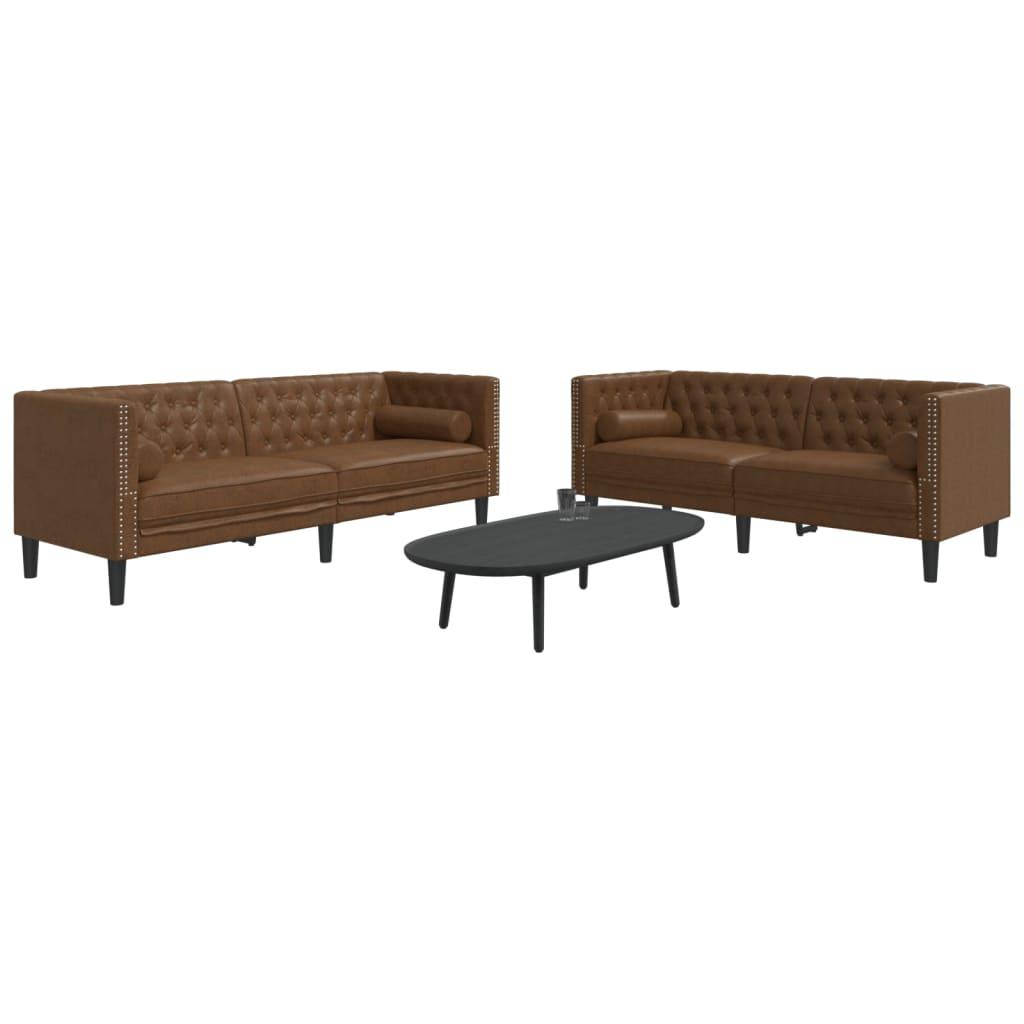 2-personers Chesterfield-sofasæt m. puder imiteret ruskind brun