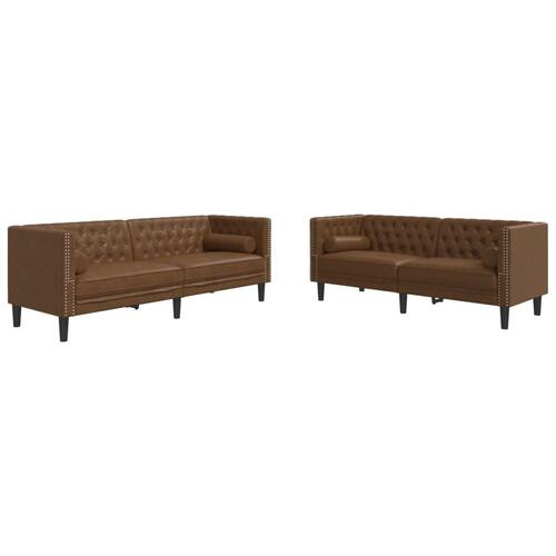2-personers Chesterfield-sofasæt m. puder imiteret ruskind brun