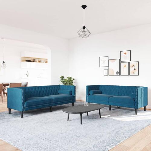 2-personers Chesterfield-sofasæt med puder fløjl blå