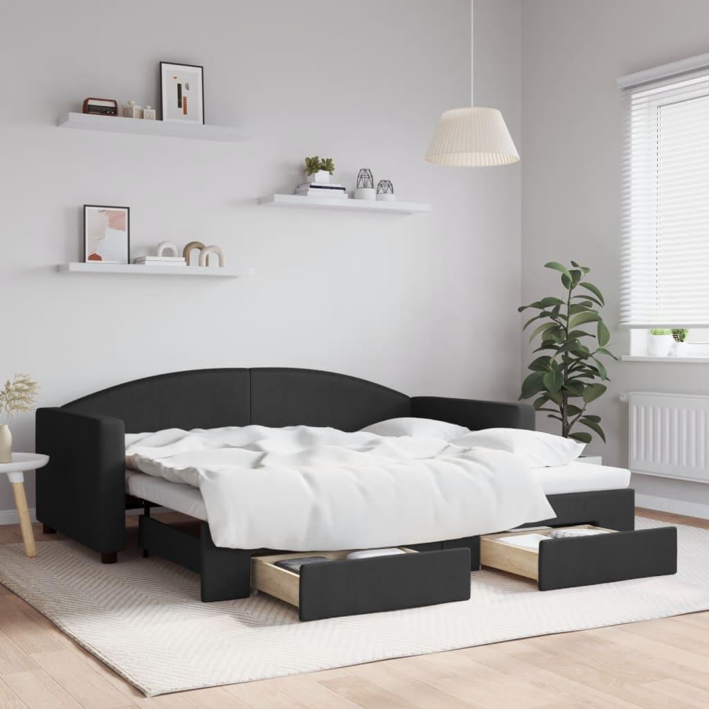 Daybed Stof Sort - med udtræk og skuffe / 90 x 190 cm