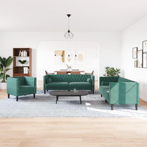 3-personers Chesterfield-sofasæt med puder fløjl mørkegrøn
