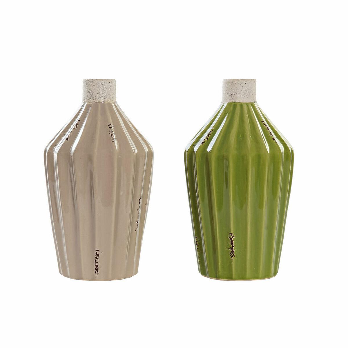 Vase sæt - porcelæn, beige/grøn, Shabby Chic, 12,5 × 12,5 × 23 cm (2 stk.)