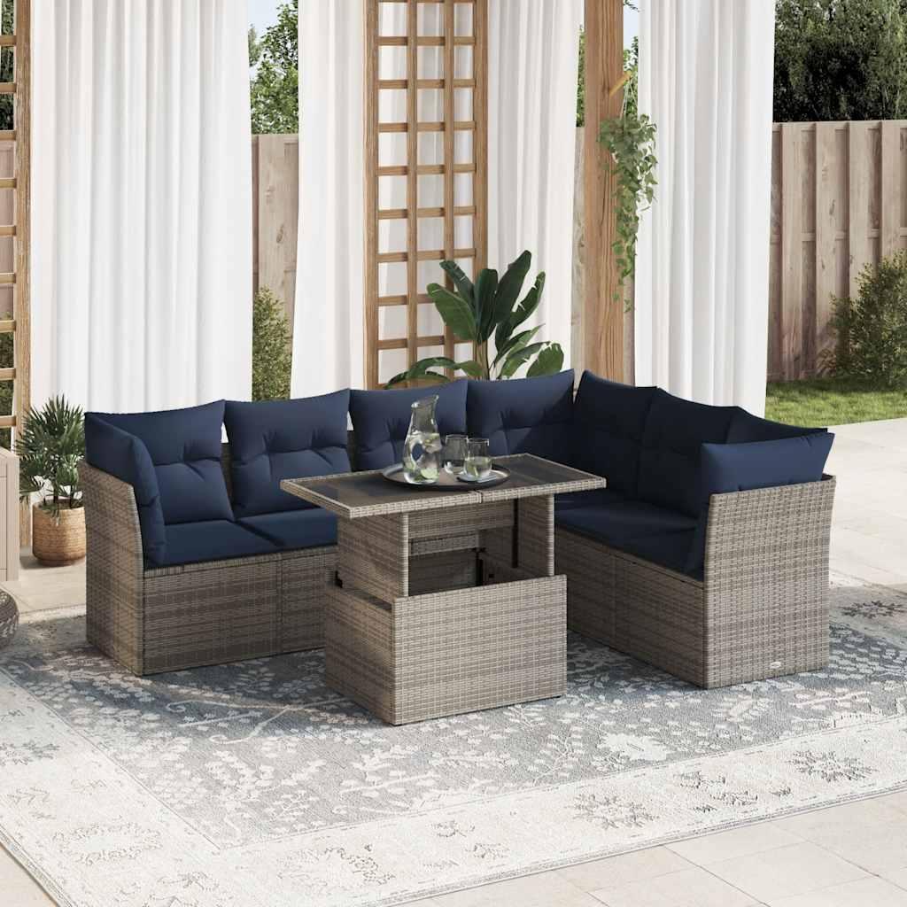 Sofasæt til haven 7 dele med hynder polyrattan akacietræ sort billede