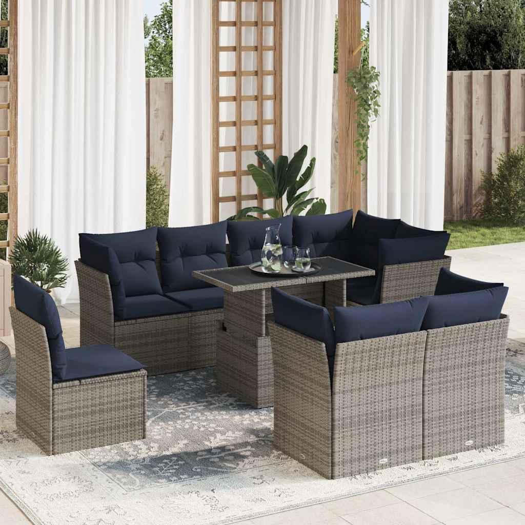 Sofasæt til haven 9 dele med hynder polyrattan akacietræ grå billede