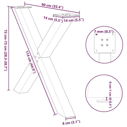 Spisebordsben X-formet 2 stk. naturstål 90x(72-73) cm stål