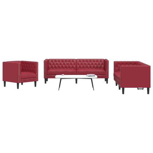 3-personers Chesterfield-sofastol kunstlæder vinrød