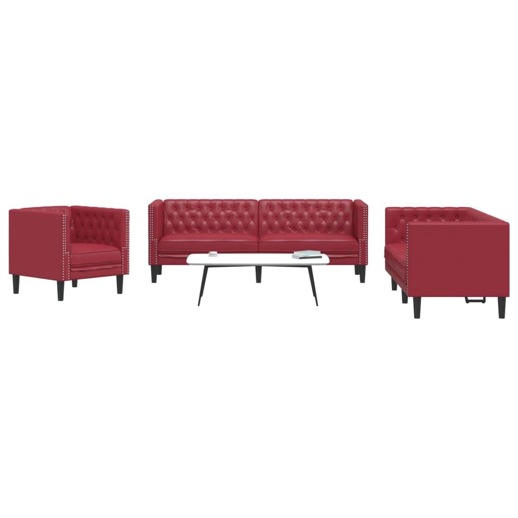 3-personers Chesterfield-sofastol kunstlæder vinrød