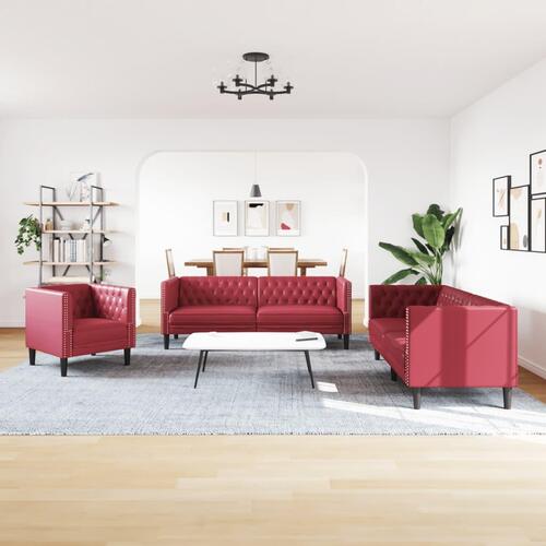3-personers Chesterfield-sofastol kunstlæder vinrød