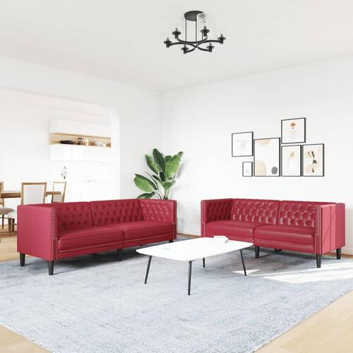 2-personers Chesterfield-sofastol kunstlæder vinrød