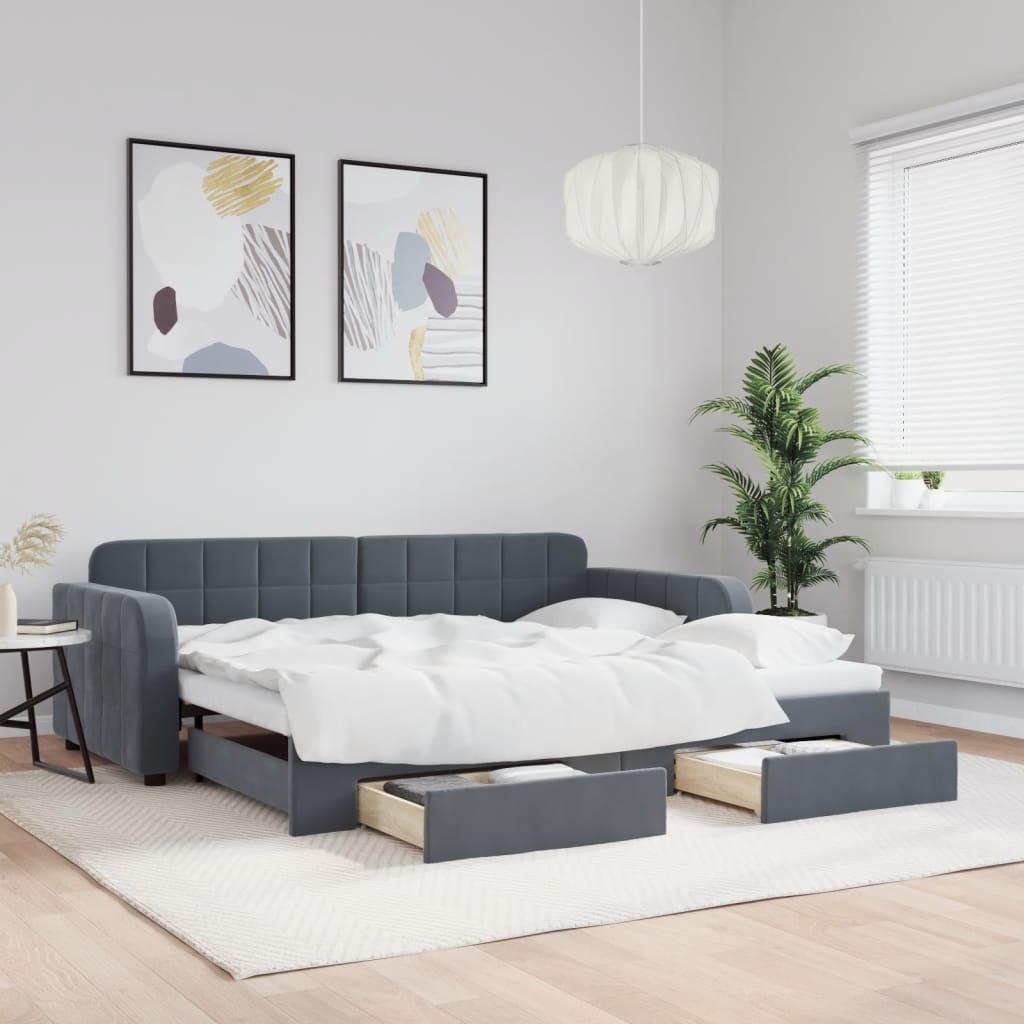 Daybed Velour Mørkegrå - med udtræk og skuffe / 90 x 190 cm
