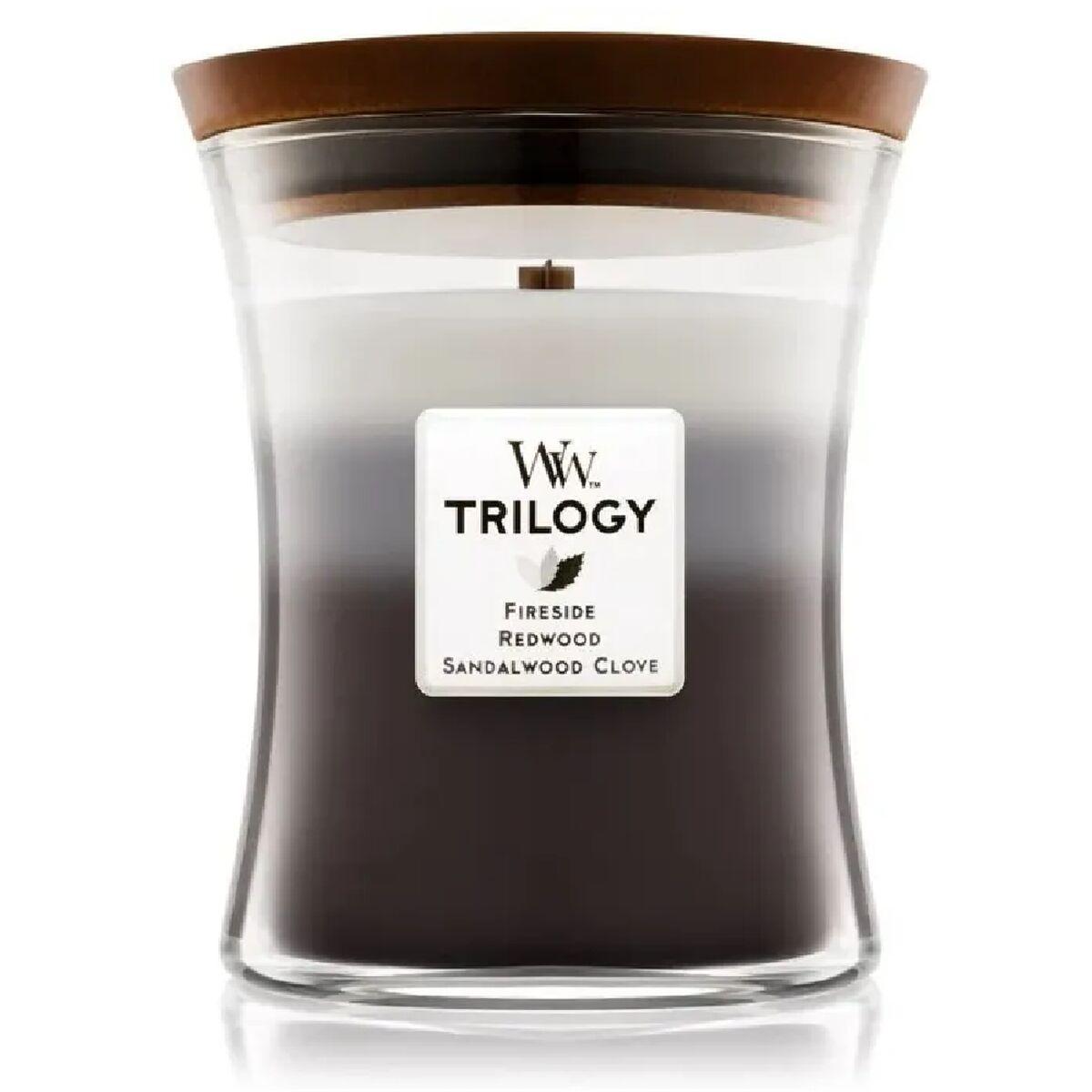 Woodwick Trilogy Medium Duftlys - Warm Woods (grå/hvid)