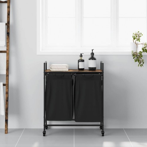 Vasketøjskurv 2 rum med hjul røget egetræsfarve